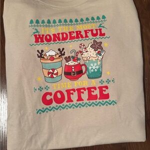 Handmade Gildan Cream Long Sleeve Tee with Festive Coffee Design